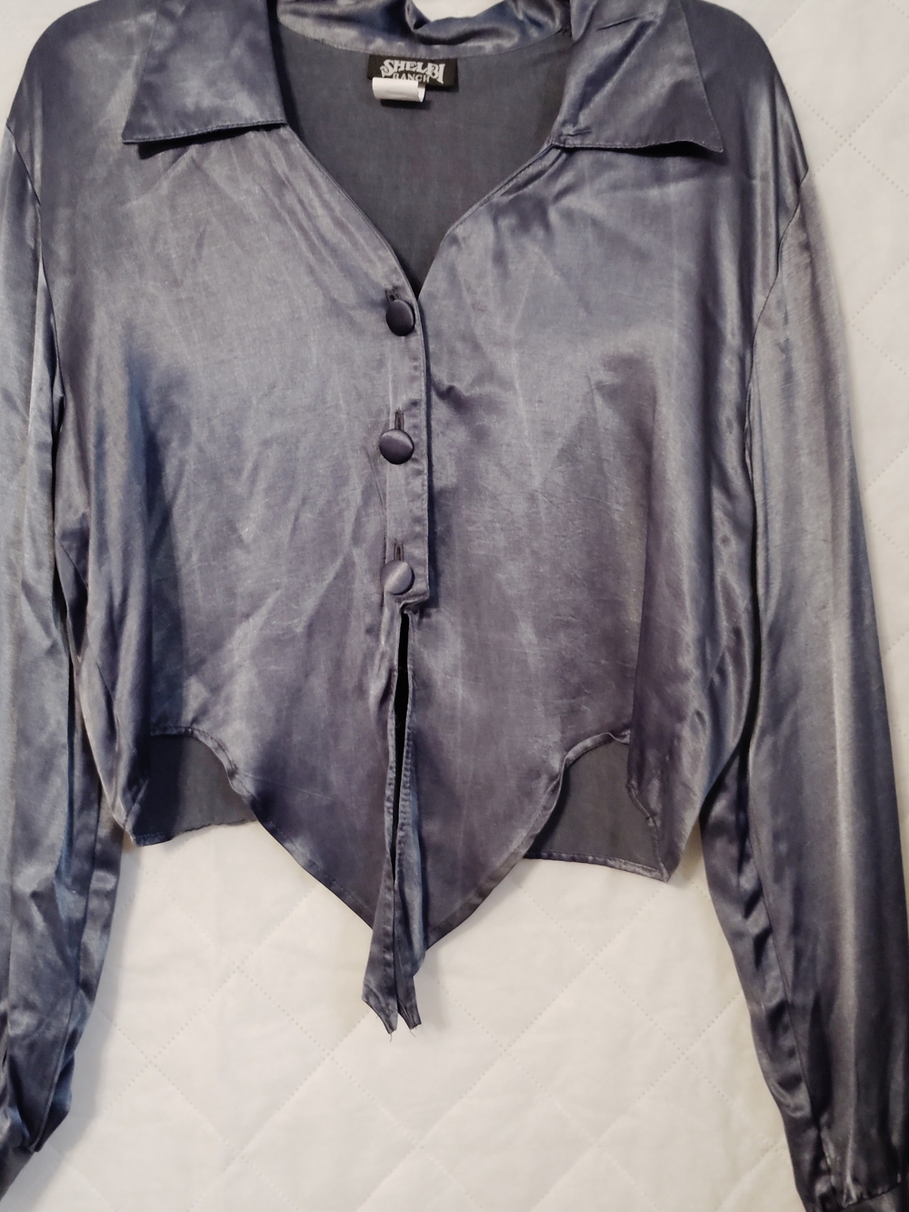 Vintage Satin Button-Front Cropped Shirt in Steel Gray